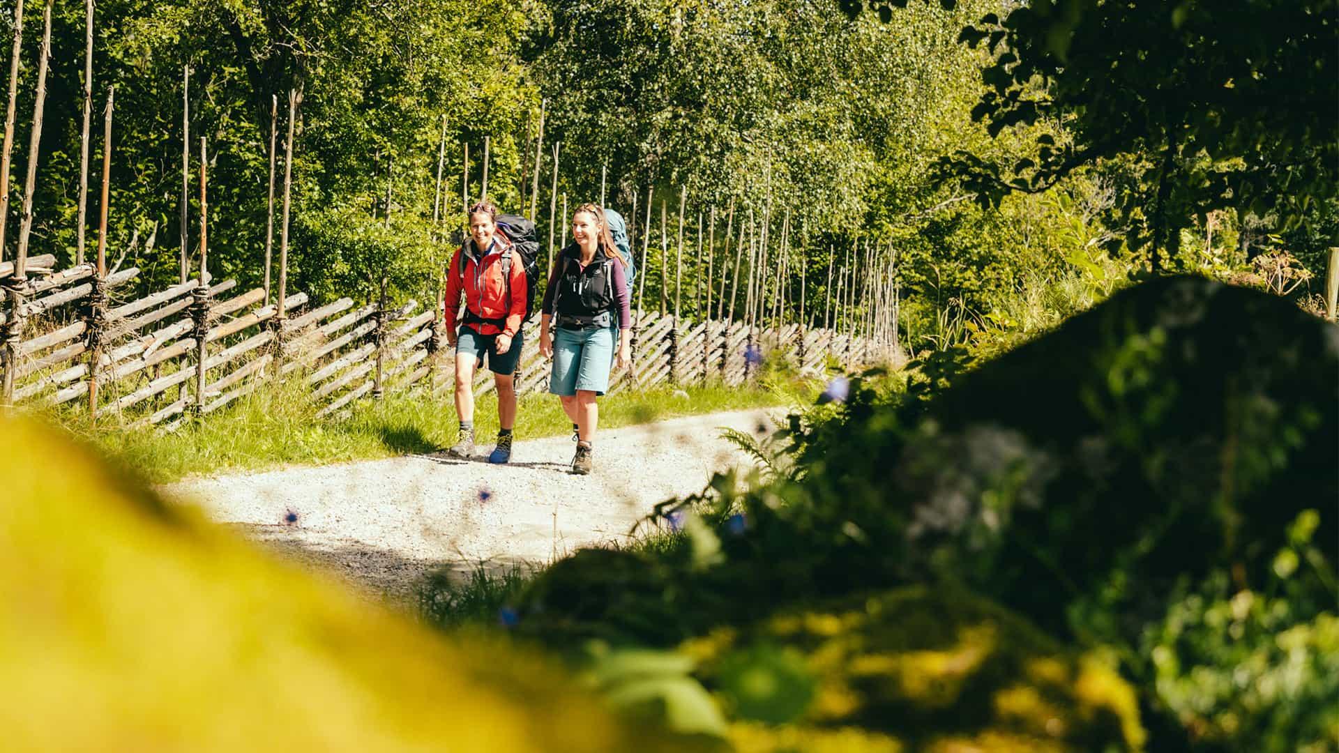 Två kvinnor vandrar på stig