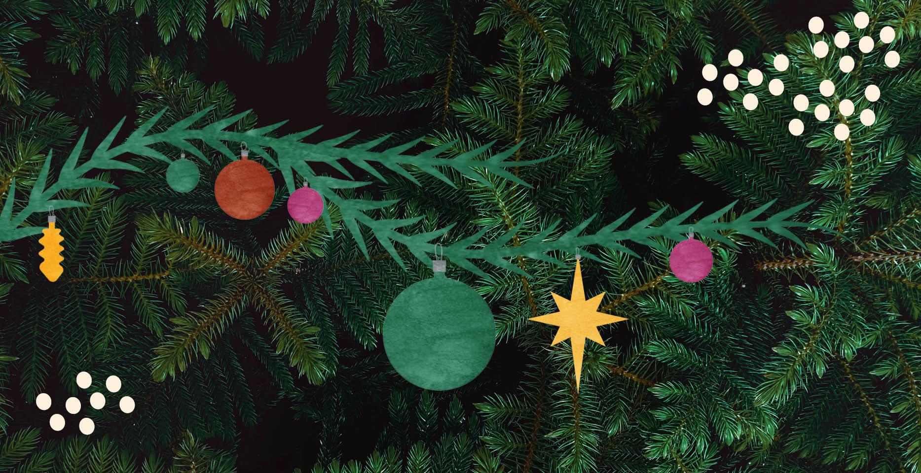 Granris, snöflingor och illustrerade julkulor.