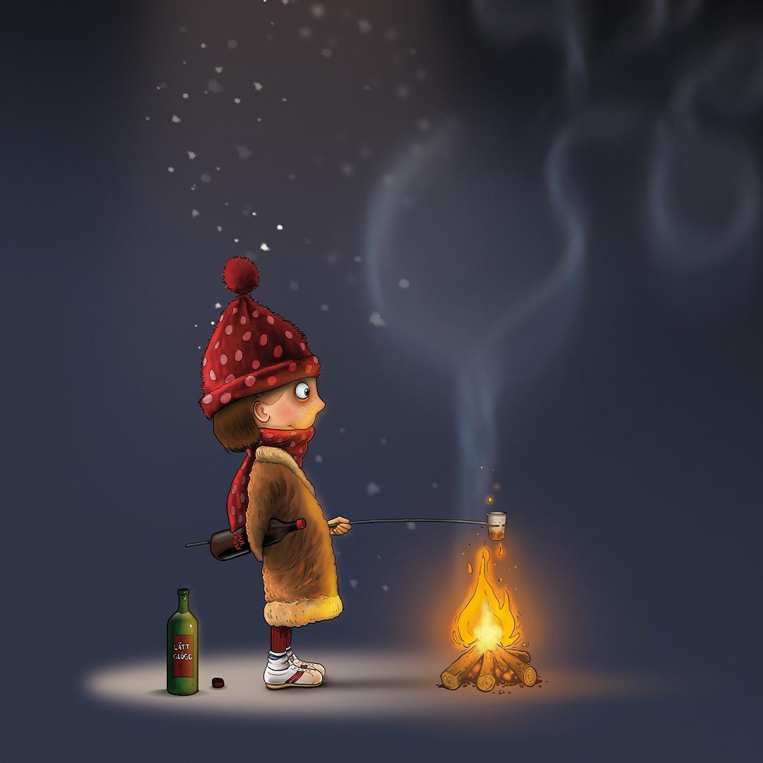 En tecknad bild av ett barn iklädd vinterkläder som står och värmer sig vid en eld.