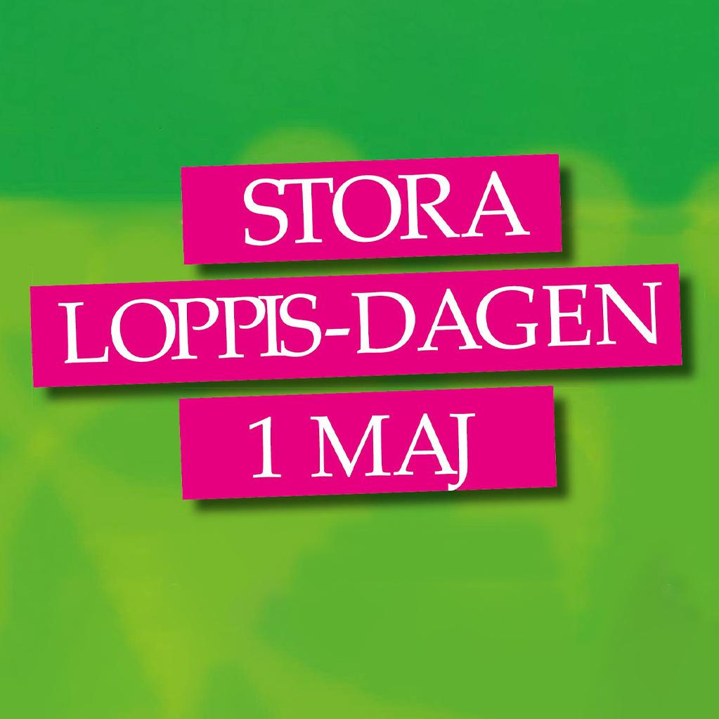 En grön bild med texten "Stora loppis-dagen 1 maj"