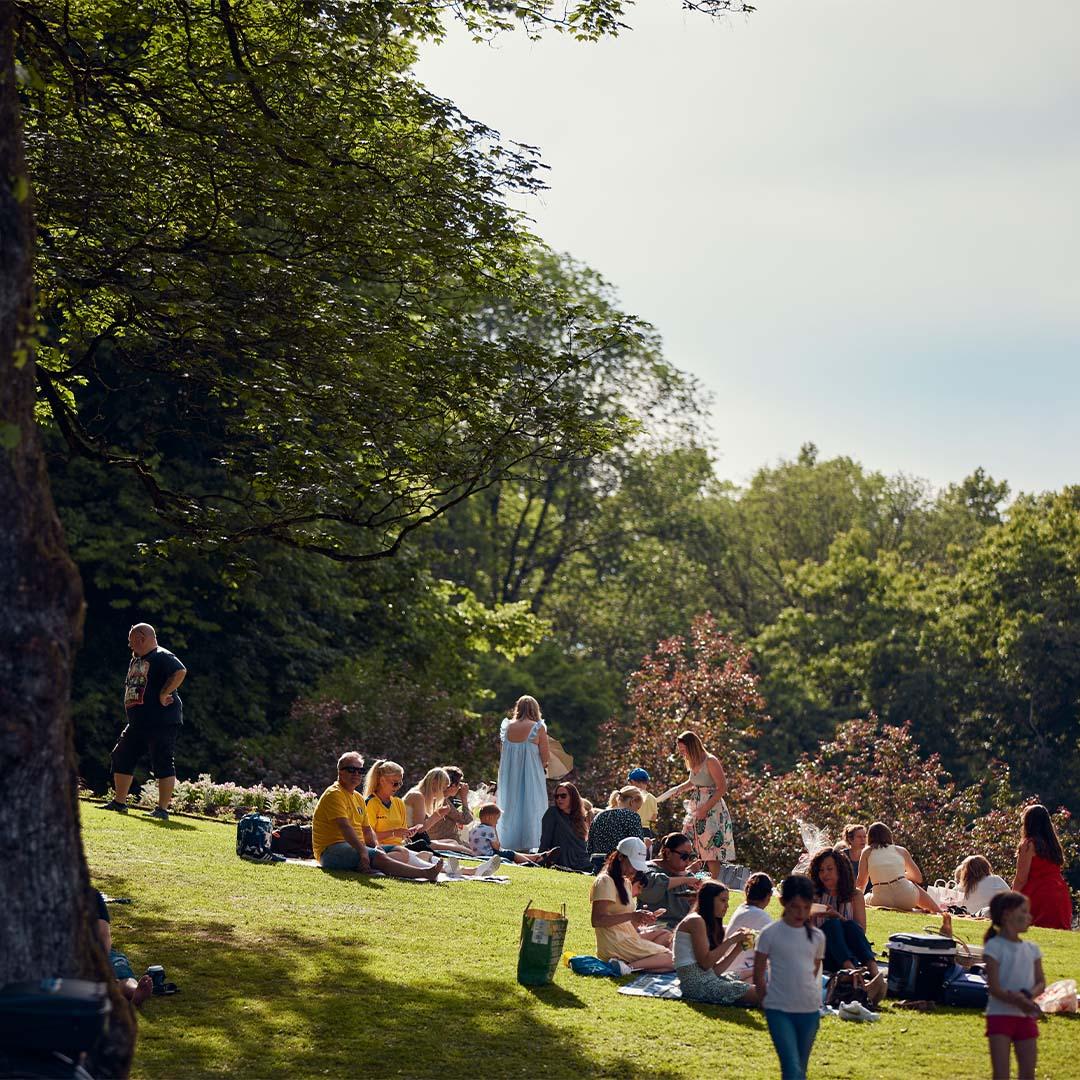 En grönskande park full med människor.