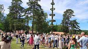 Människor runt en midsommarstång