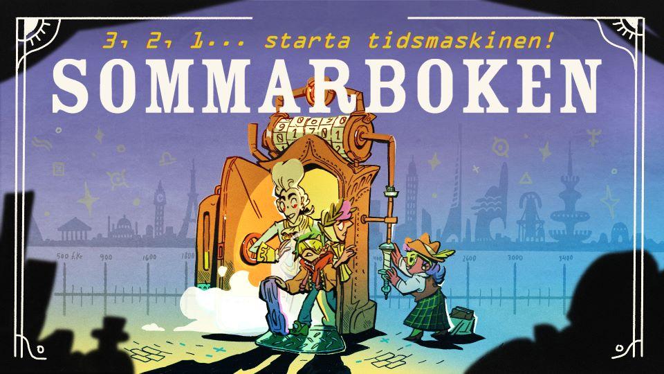 Texten Sommarboken och en man vid en tidsmaskin.
