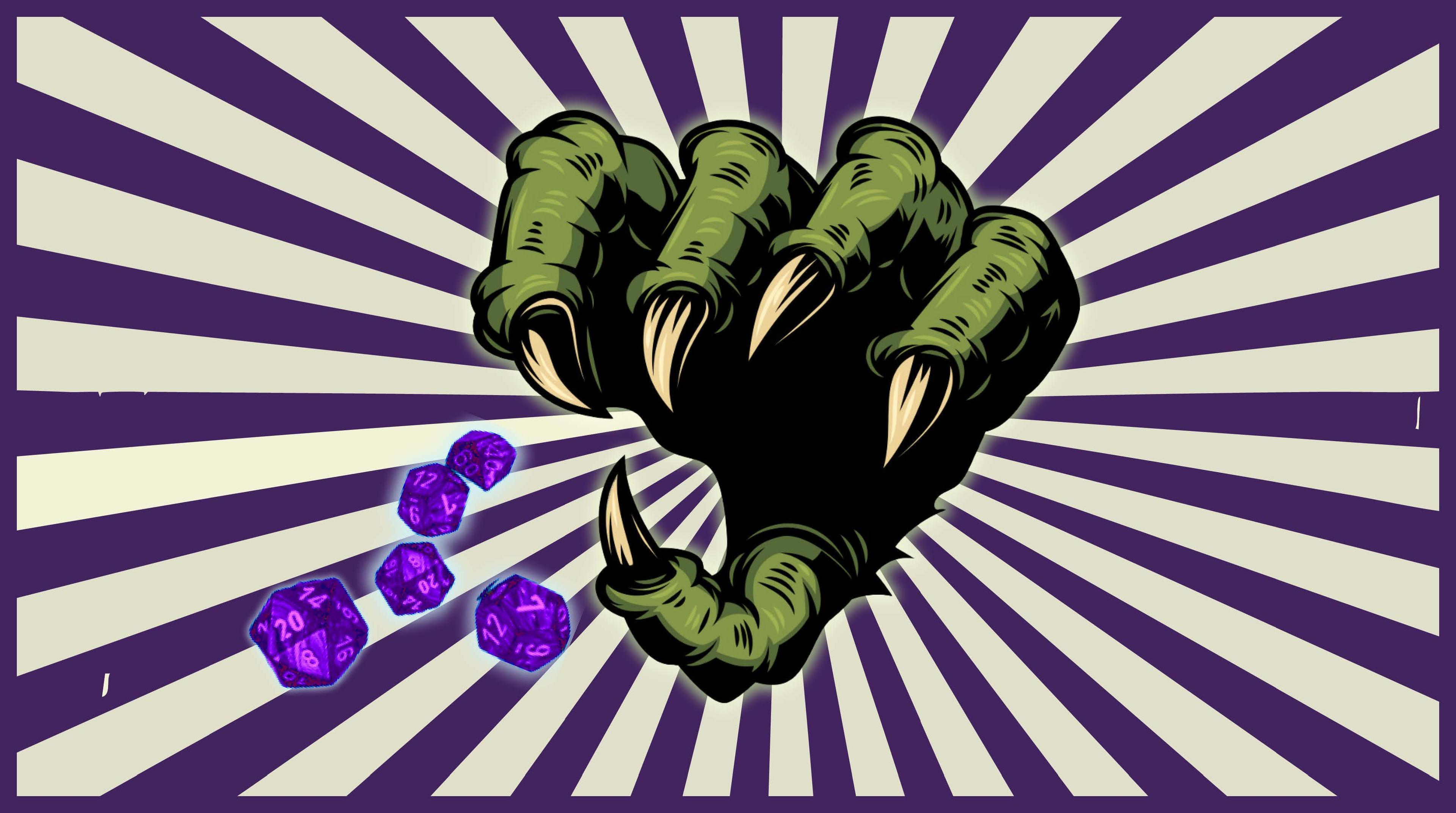 En illustrerad grön hand med klor som kastar lila tärningar.