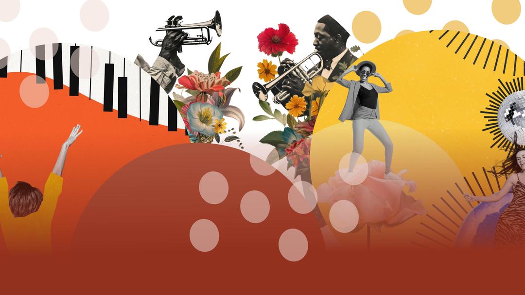 Illustrationer i olika färger och former, mycket orange, gult och musikelement.