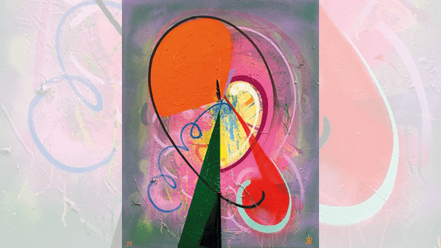 Abstrakt konstverk med färger som orange, mörkgrön, röd, rosa och gul.