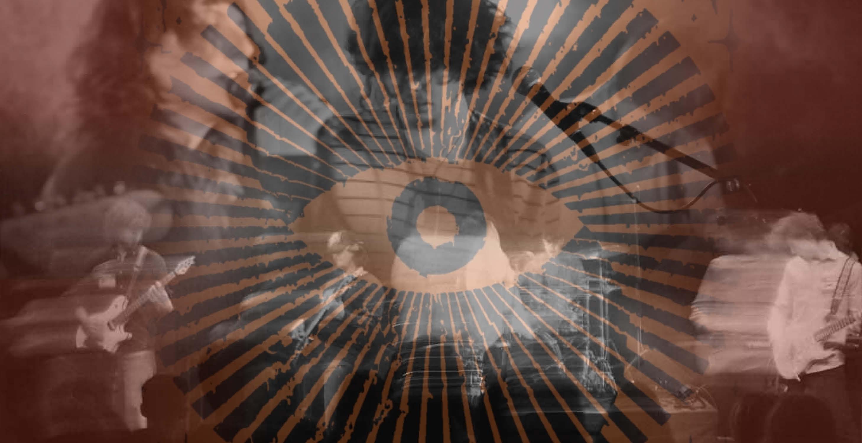 Svartvita bilder på rockband med ett brunaktigt mönster i bakgrunden.