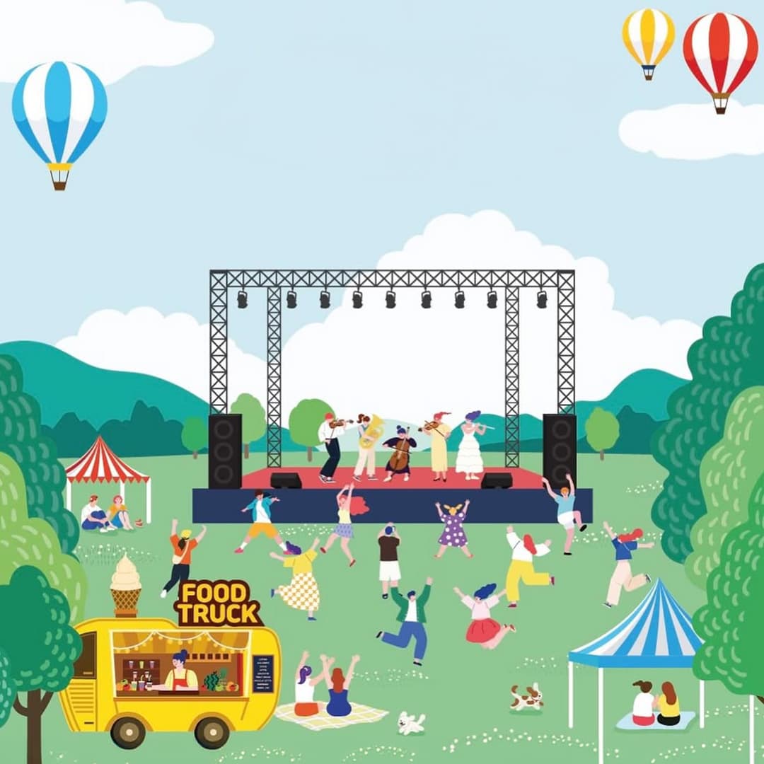 Illustration av en scen framför människor som har picknick och dansar