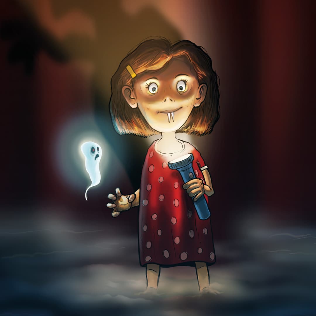 En animerad flicka med räd klänning riktar en ficklampa i ansiktet.
