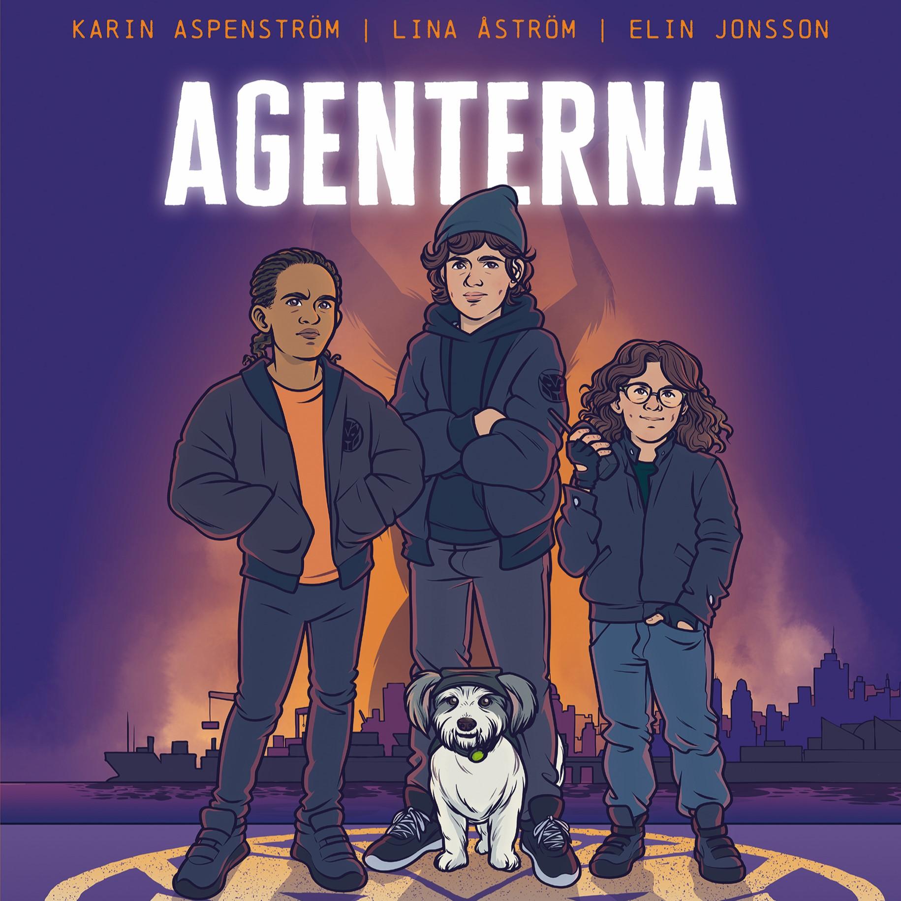 Tre ungdomar och en hund i skymningen