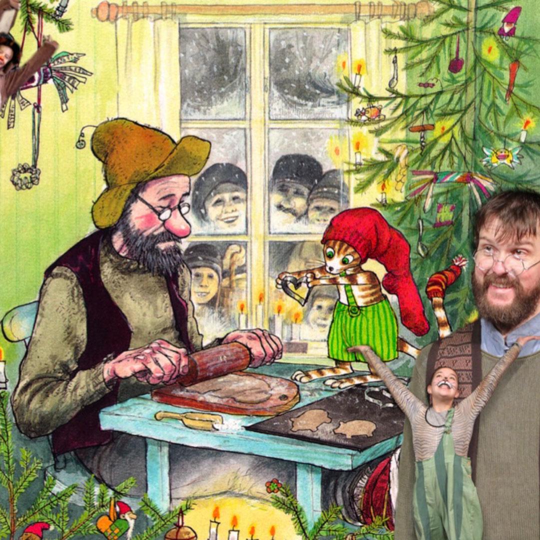 tecknad bild en gubbe i hatt och katt i luva bakar