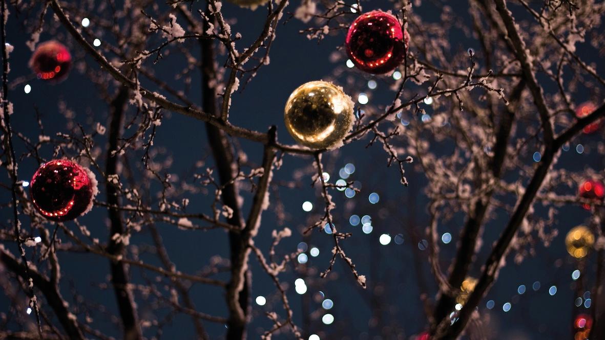 JGuldiga och röda julkulor hänger i ett naket träd, och det är mörkt.