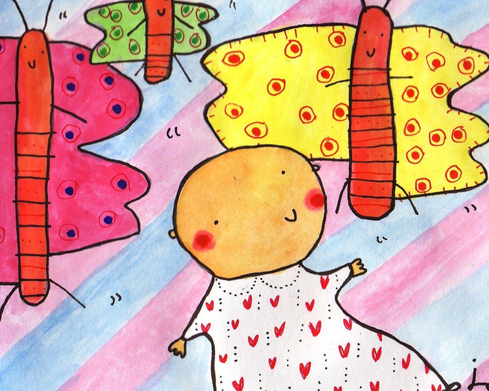 Tecknat barn med fjärilar runt sig