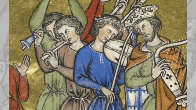 Illustration med människor i färgglada kläder som spelar medeltidsinstrument.