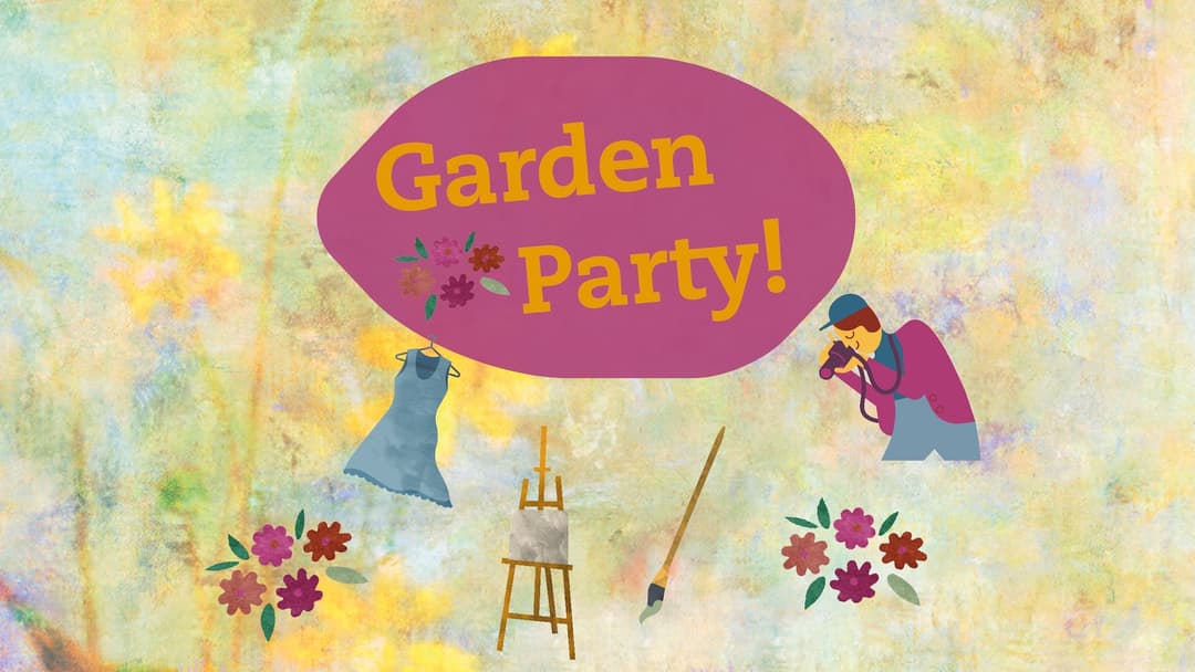 Melerad gul bakgrund, med illustrationer av en klänning, en canvas på staffli, blommor och en fotograf. I en rosa bubbla står det Garden party.