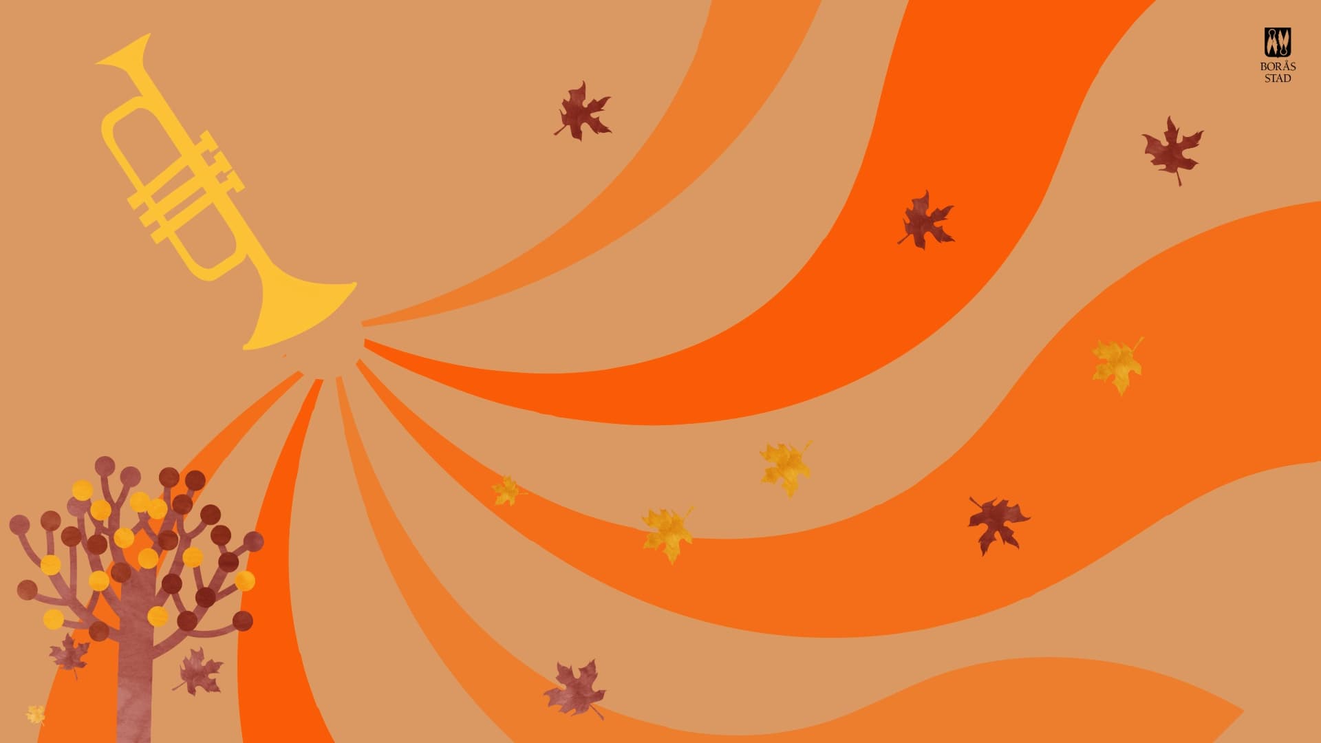 Illustration i gula, orange och roströda toner. En trumpet, ett träd och höstlöv som virvlar.