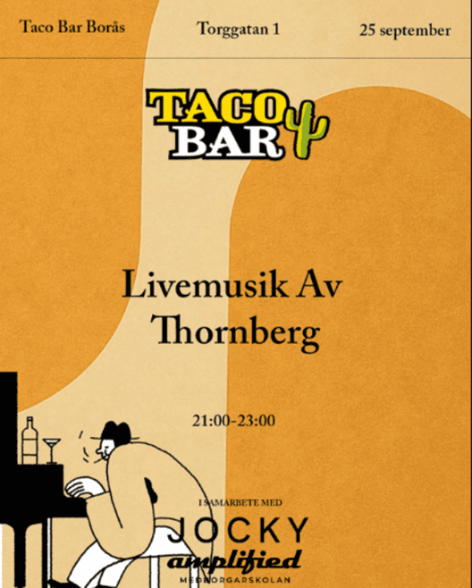 Orange bakgrund med en ritad person som spelar piano. En text där det står "Livemusik av Thornberg"