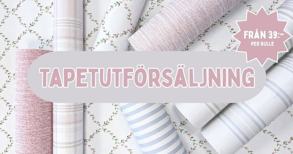 Tapetrullar med rosa text Tapetutförsäljning.