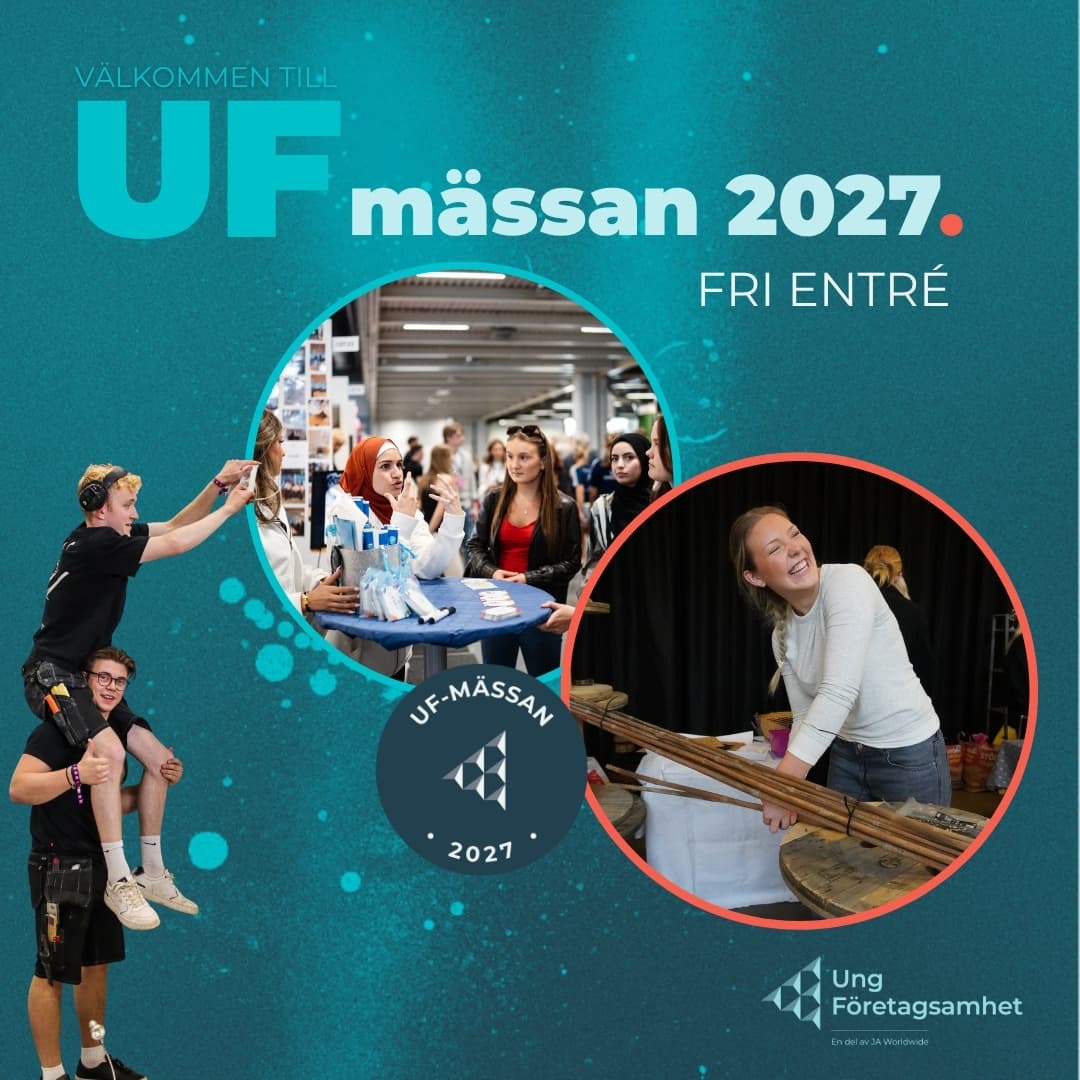 Reklam för UF-mässan i form av människor som jobbar på en mässa