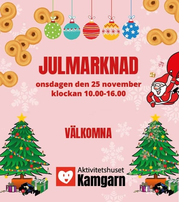 Rosa bakgrund. Två gröna julgranar, lussekatter, och dem kulörta kulor.
